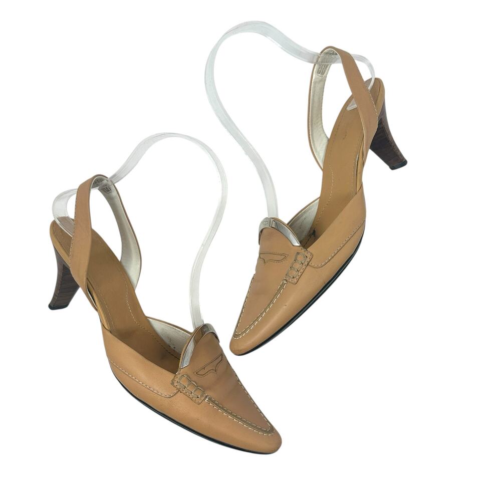 Tod's Debbie Slingback‎ Kitten Heels Pumps Pointed Toe Leather Tan Size US 5.5